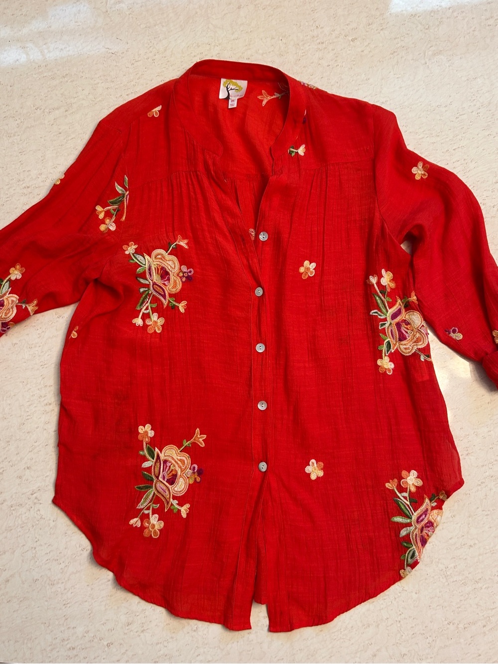 fig and flower Red Embroidered Button-Up Blouse